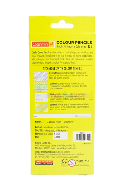 Camlin Kokuyo Full Size Color Pencil,12 Shades with Free Sharpener Inside